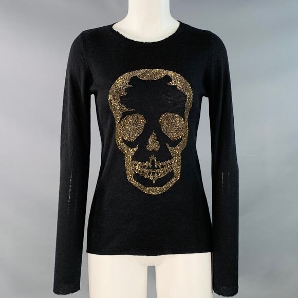 ZADIG & VOLTAIRE Size XS Black Gold Cashmere Rhinestones Skull Pullover - Picture 1 of 6